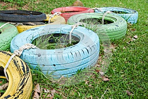 Old Colorful painted of old tires, Recycle materail