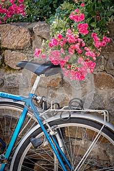 Old colorful pushbike leaning on a side of a stone wall, with pink flowers in France.