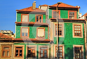 Old colorful tiled facades in Porto city