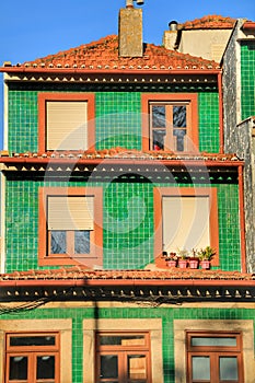 Old colorful tiled facades in Porto city