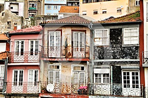 Old colorful tiled facades in Porto city