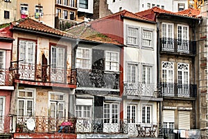 Old colorful tiled facades in Porto city