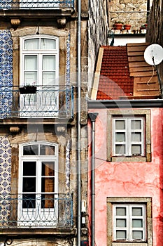 Old colorful tiled facades in Porto city