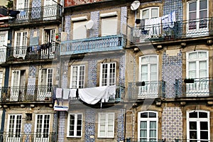 Old colorful tiled facades in Porto city