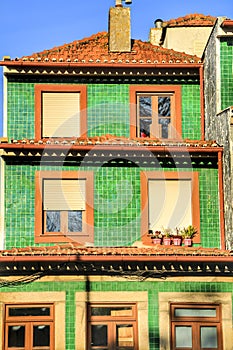 Old colorful tiled facades in Porto city