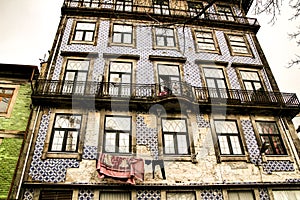 Old colorful tiled facades in Porto city