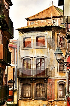 Old colorful tiled facades in Porto city