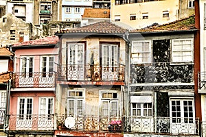 Old colorful tiled facades in Porto city