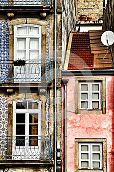 Old colorful tiled facades in Porto city