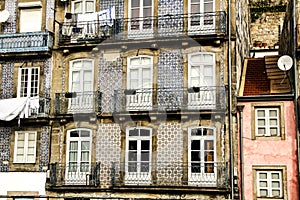 Old colorful tiled facades in Porto city