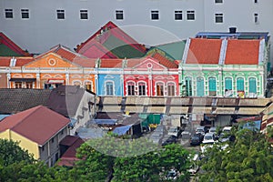 Old colourful buildings at Madras Lane Wet Market & hawker food stalls in Petaling Street area, Chinatown, Kuala Lumpur, Malaysia