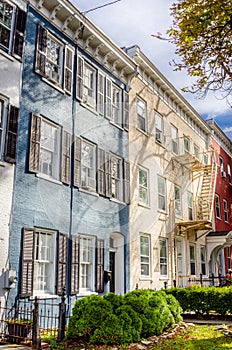 Old Colourful Row Houses with External Fire Escape