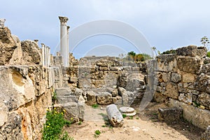 old columns of salamis ruins, ancient city north cyprus and blue sky 5