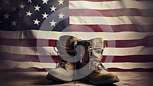 Old combat boots and dog tags with American flag. Neural network AI generated