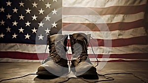 Old combat boots and dog tags with American flag. Neural network AI generated