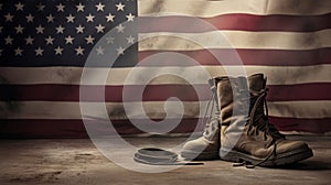 Old combat boots and dog tags with American flag. Neural network AI generated