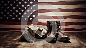 Old combat boots and dog tags with American flag. Neural network AI generated