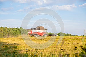 old combine harvester harvests from the field