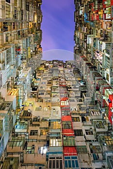 Old community night view colourful apartment building at Quarry Bay, Hong Kong