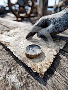 Old compass and hand on vintage map, nautical exploration theme.