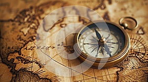 Old compass on vintage map. Adventure stories background. Retro style