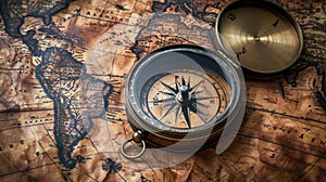 Old compass on vintage map. Adventure stories background. Retro style