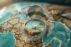 Old compass on vintage map. Adventure stories background. Retro style