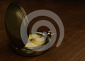 Old compass on a wooden table with the north replaced by the dollar sign. 3D illustration of an old metal compass with dollar sign