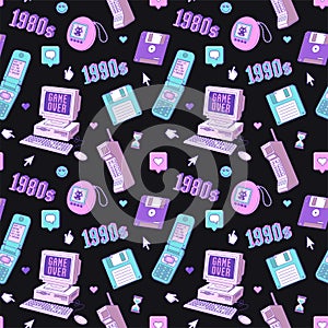 Old computer aestethic 1980s -1990s. Seamless pattern with retro pc elements and technology illustration.