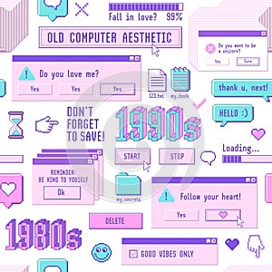 Old computer aestethic 1980s -1990s. Seamless pattern with retro pc elements and user interface.