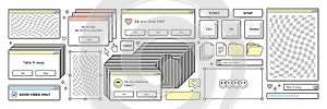 Old computer aestethic. Retro pc elements, user interface, windows, icons in trendy y2k retro style.