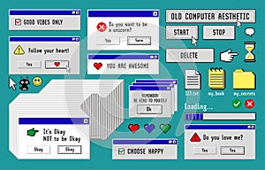 Old computer aestethic 1980s -1990s. Set with retro pc elements, user interface, icons and technology illustrations. photo