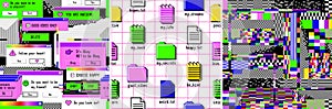 Old computer aestethic 1980s -1990s. Set of seamless patterns with retro pc elements and user interface. Pixel art. photo