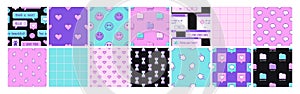 Old computer aesthetic 1980s -1990s. Big set of seamless patterns with retro pc elements.