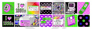 Old computer aesthetic 1980s -1990s. Square posters. Sticker pack with retro pc elements. Pixel art.