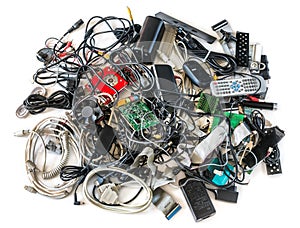 Old Computer Cables and Devices on White Background