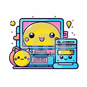 Old Computer or Game Machine Icon in Pop Art Kawaii Style on a white background. Generative AI