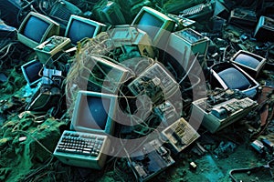 Old computer in garbage dump. Concept of pollution of the planet, Aerial view capturing a garbage dump with old computers,