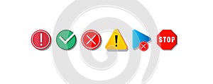 Old computer icons. Abstract pixel art symbols set. Stop or warning signs, isolated media player button and completed or