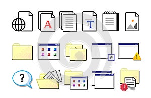 Old computer icons. Retro pixel signs. Yellow folders and white sheets of documents. Isolated nostalgic set. Data