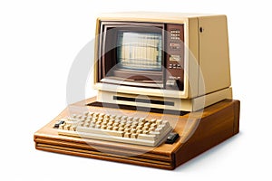 Old computer with keyboard and mouse on wooden stand with white background. Generative AI