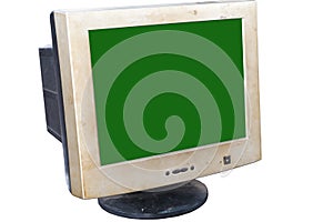 Old computer laptop with green screen.