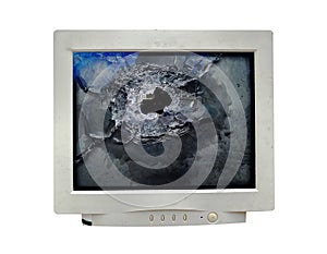 old computer monitor with broken display on white isolated background