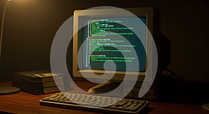 Old Computer Monitor Displaying Code in Dark Room Workspace