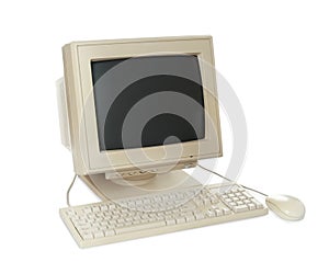 Old computer monitor, keyboard and mouse on white background