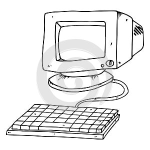 Old computer monitor. Vector CRT monitor. Hand drawn old computer monitor with keyboard