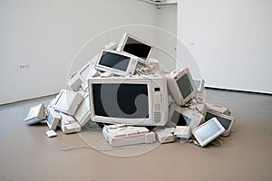 old computer monitors and office equipment piled up in a blank room