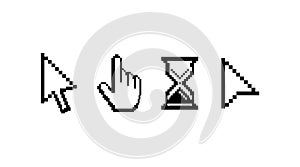 Old computer mouse pointers. Pixelated cursors. Arrow symbols and hand with raised forefinger sign for making selection