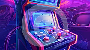 An old computer screen design of a vintage arcade machine. An 80s or 90s vintage gamer interface template isolated on a