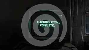 Old computer screen displaying loading 2026 message